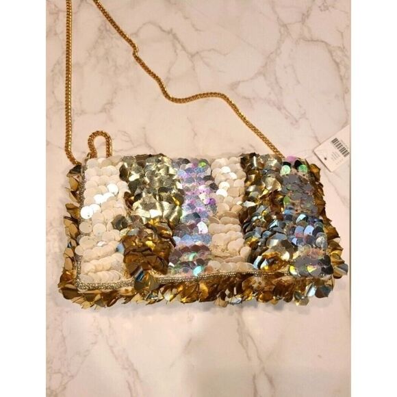 Anthropologie Sequined Crossbody Clutch, Neutral Colorway, Gold Chain | OS NWT - Picture 3 of 11
